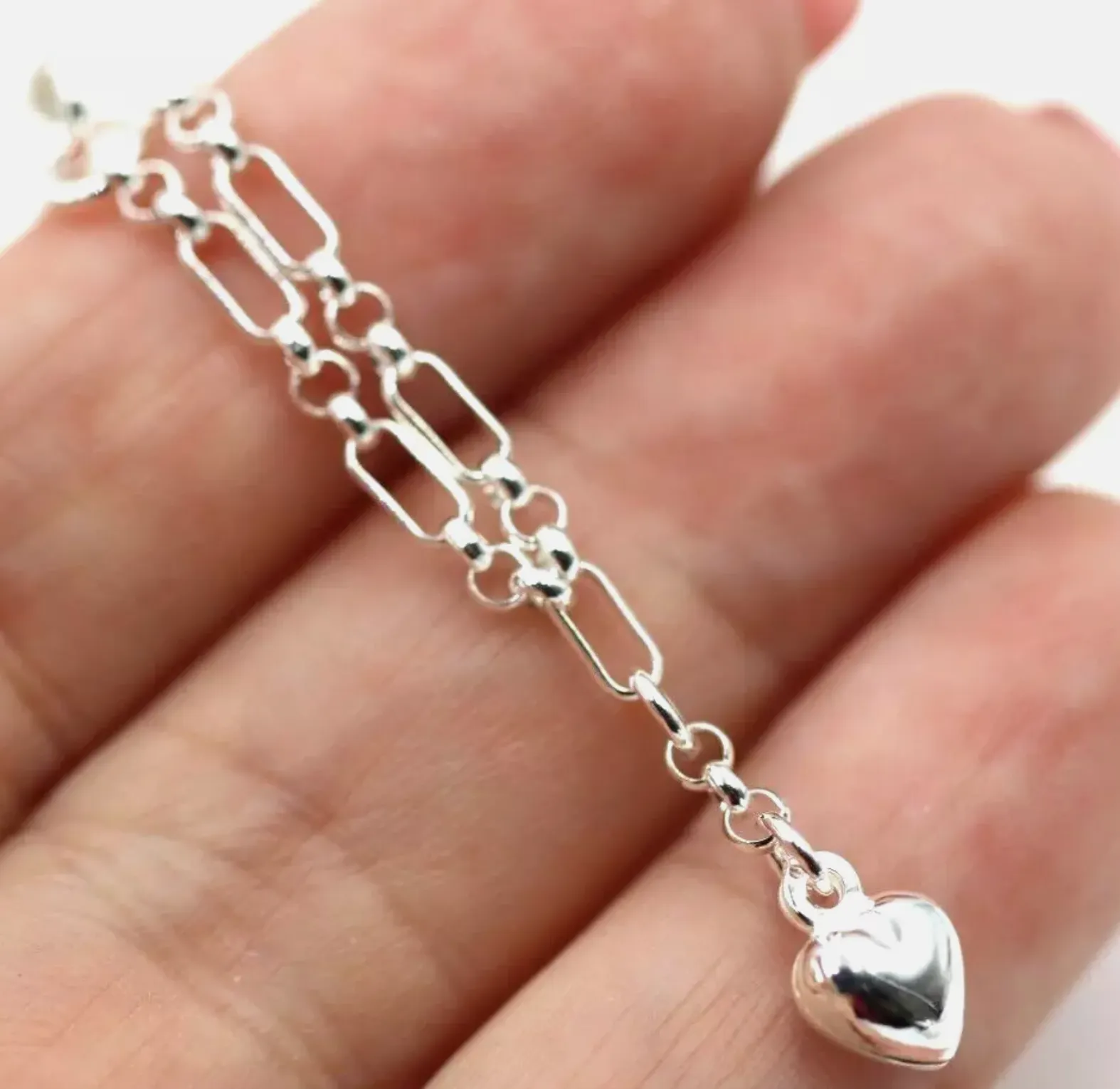 Sterling Silver 925 Figaro Belcher Anklet with Bubble Heart Charm 26cm