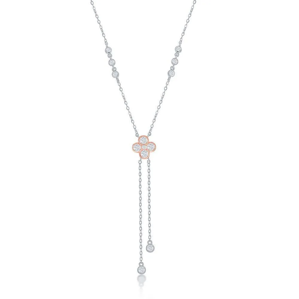 Sterling Silver Two-Tone Rose Gold Plated CZ Flower with Bezel-Set CZ Lariat Necklace