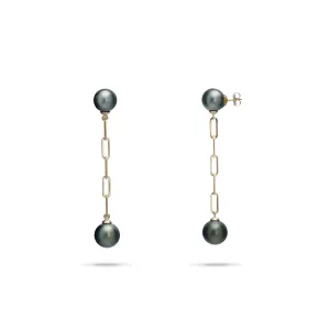 Tahitian Black Pearl Paperclip Chain Earrings in Gold - 9-10mm