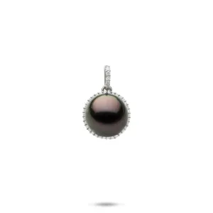 Tahitian Black Pearl Pendant in White Gold with Diamonds - 10-11mm