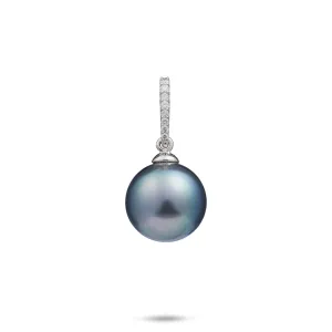 Tahitian Black Pearl Pendant in White Gold with Diamonds - 12-14mm