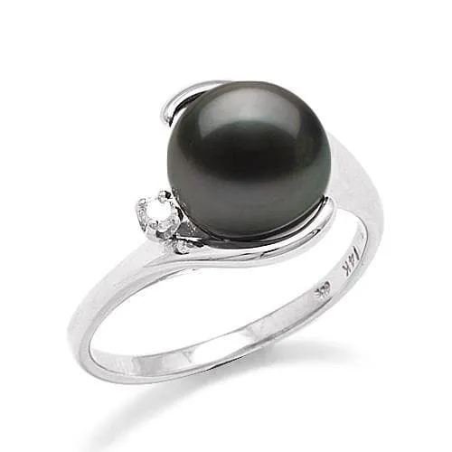 Tahitian Black Pearl Ring in White Gold with Diamond - 9-10mm