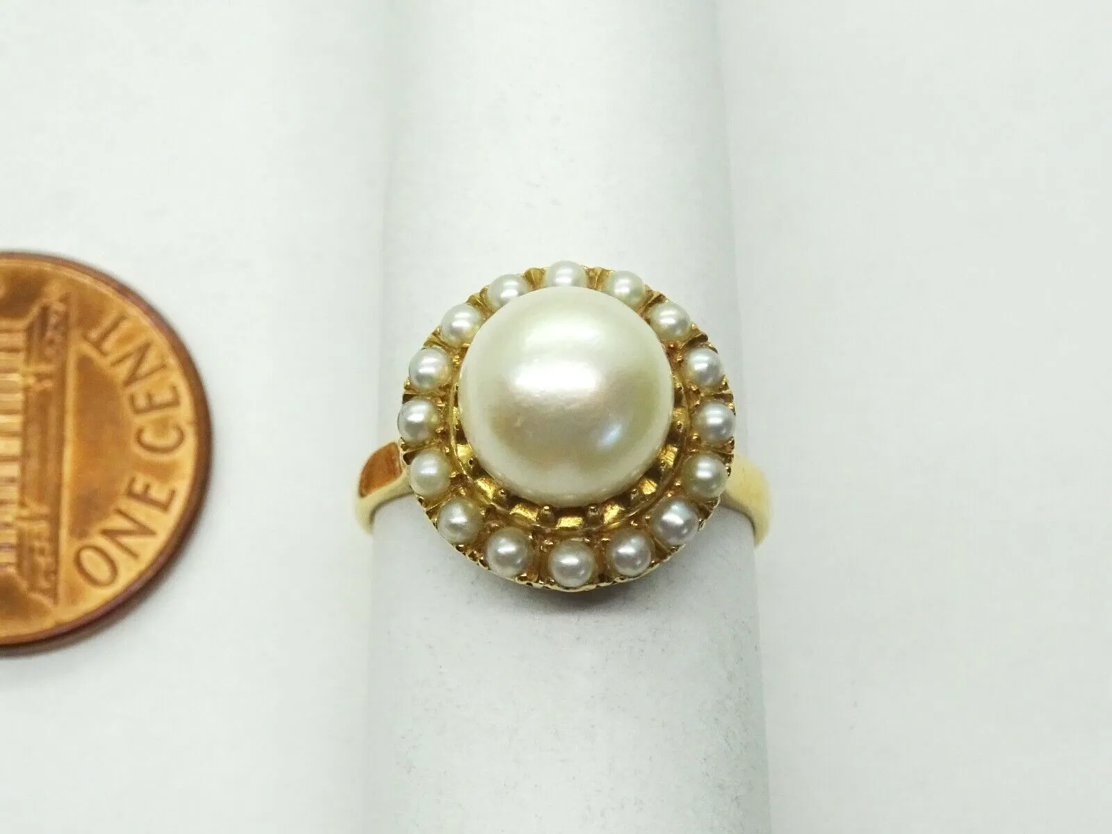 Tasaki Akoya Pearl & Seed Pearl Halo Filigree Ring 18k Gold Size 4.75