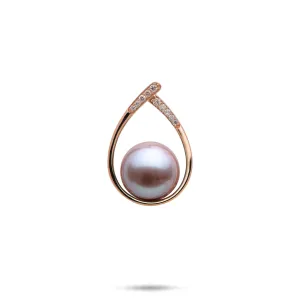 Teardrop Lilac Freshwater Pearl Pendant in Rose Gold with Diamonds - 10-11mm