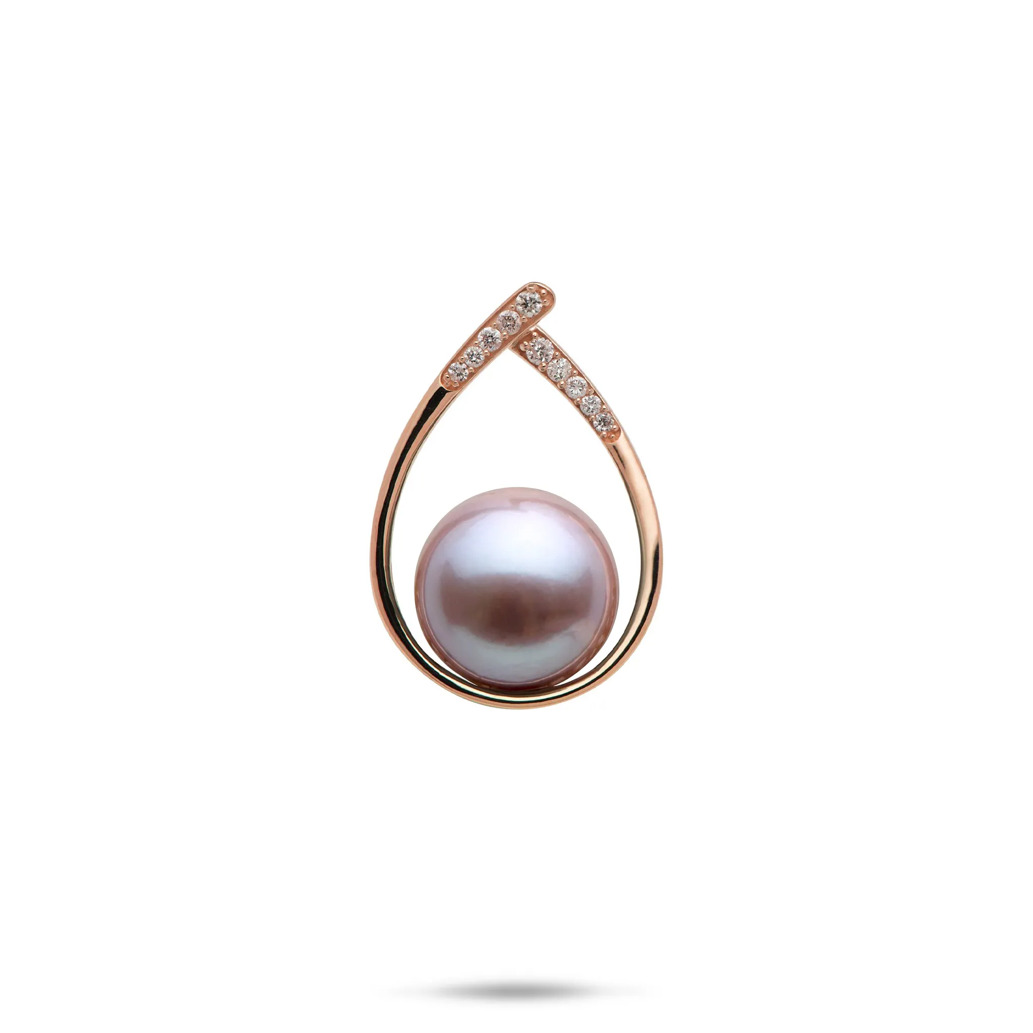 Teardrop Lilac Freshwater Pearl Pendant in Rose Gold with Diamonds - 10-11mm