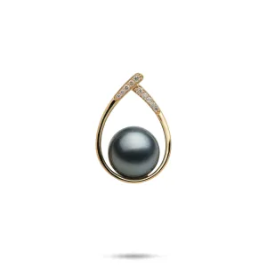 Teardrop Tahitian Black Pearl Pendant in Gold with Diamonds - 10-11mm