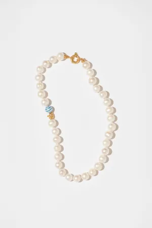 The Big Classic Blue Stripes Gold Plated Necklace w. Pearls