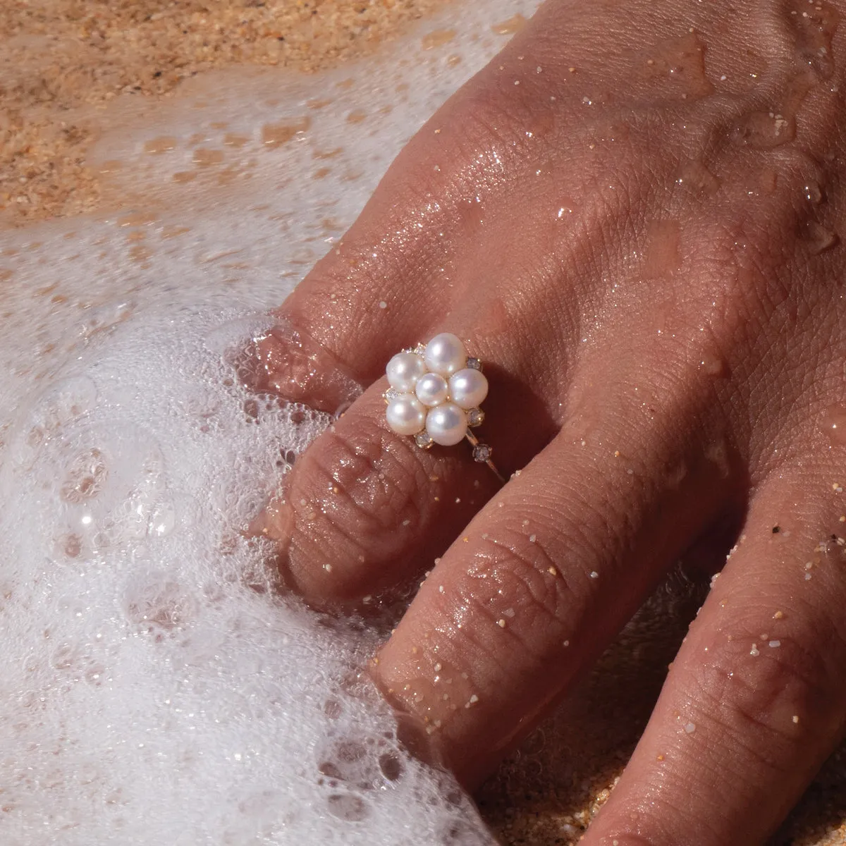 Tiny Bubbles Freshwater White Pearl Ring in Gold with Diamonds