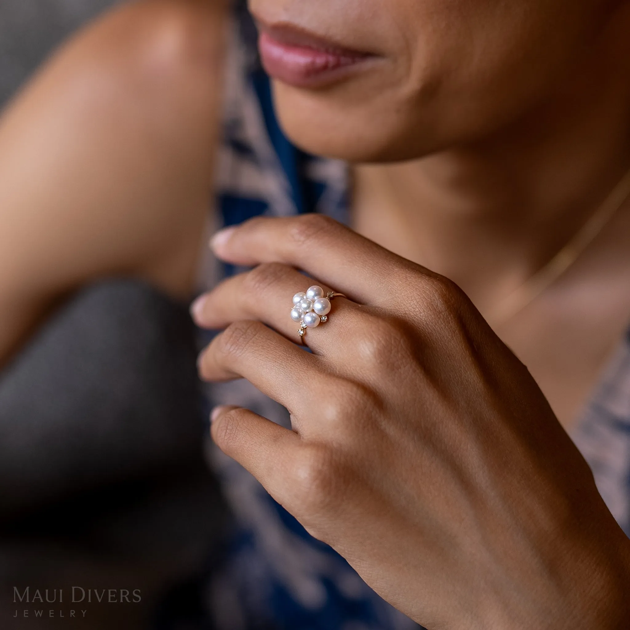 Tiny Bubbles Freshwater White Pearl Ring in Gold with Diamonds
