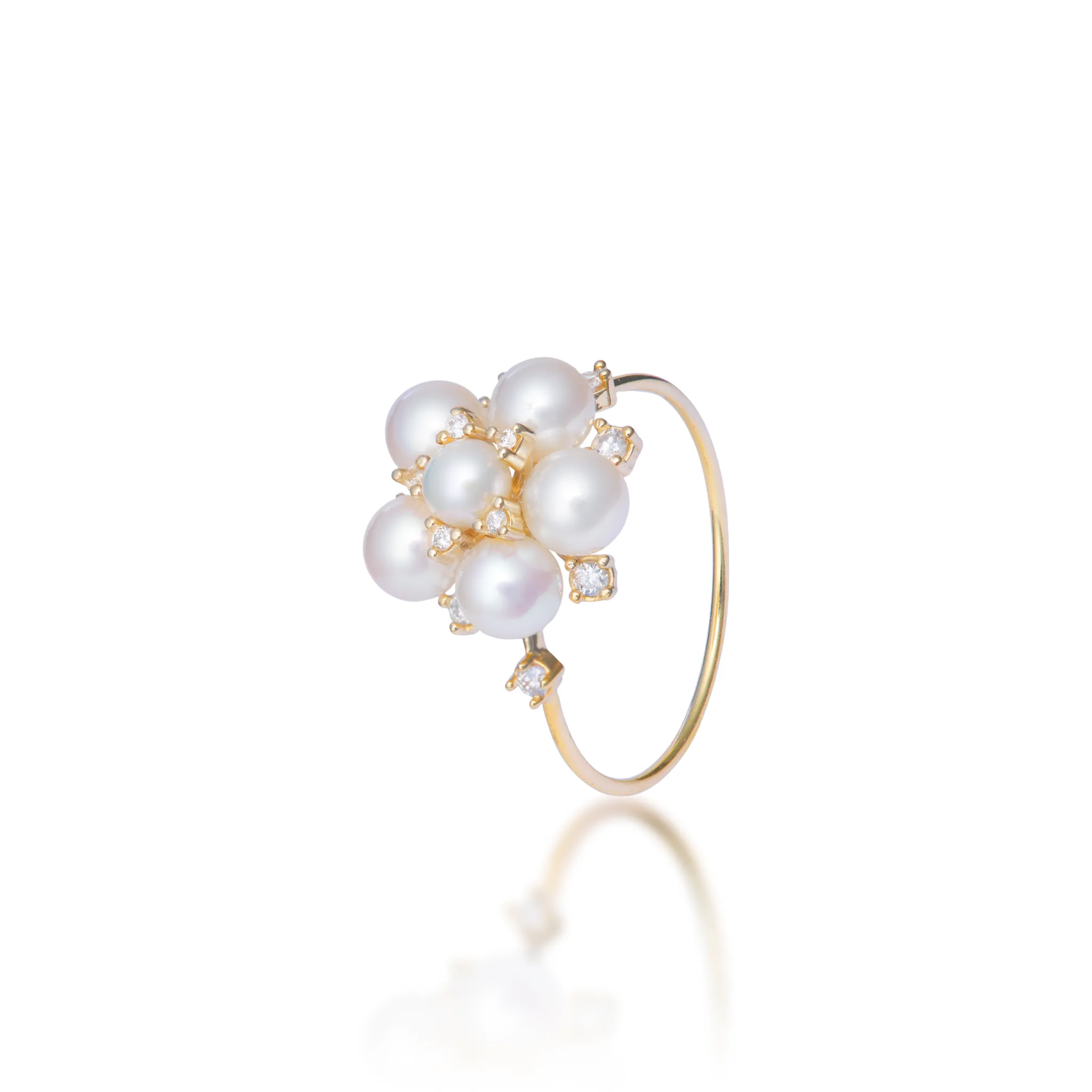 Tiny Bubbles Freshwater White Pearl Ring in Gold with Diamonds