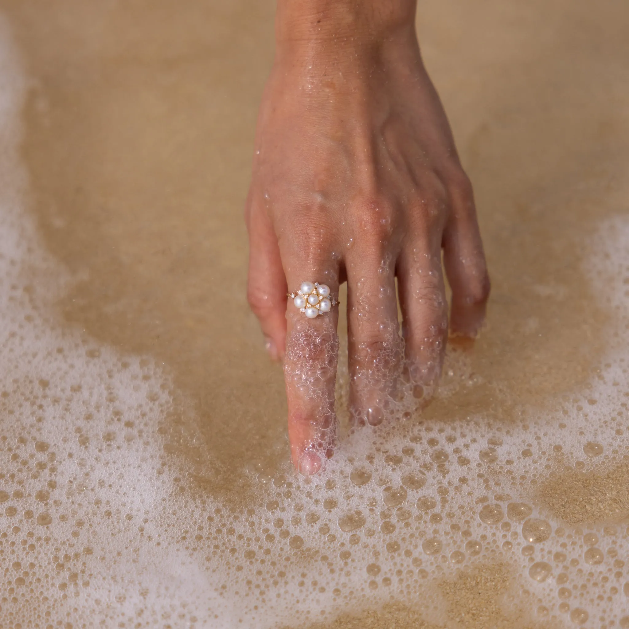 Tiny Bubbles Freshwater White Pearl Ring in Gold with Diamonds