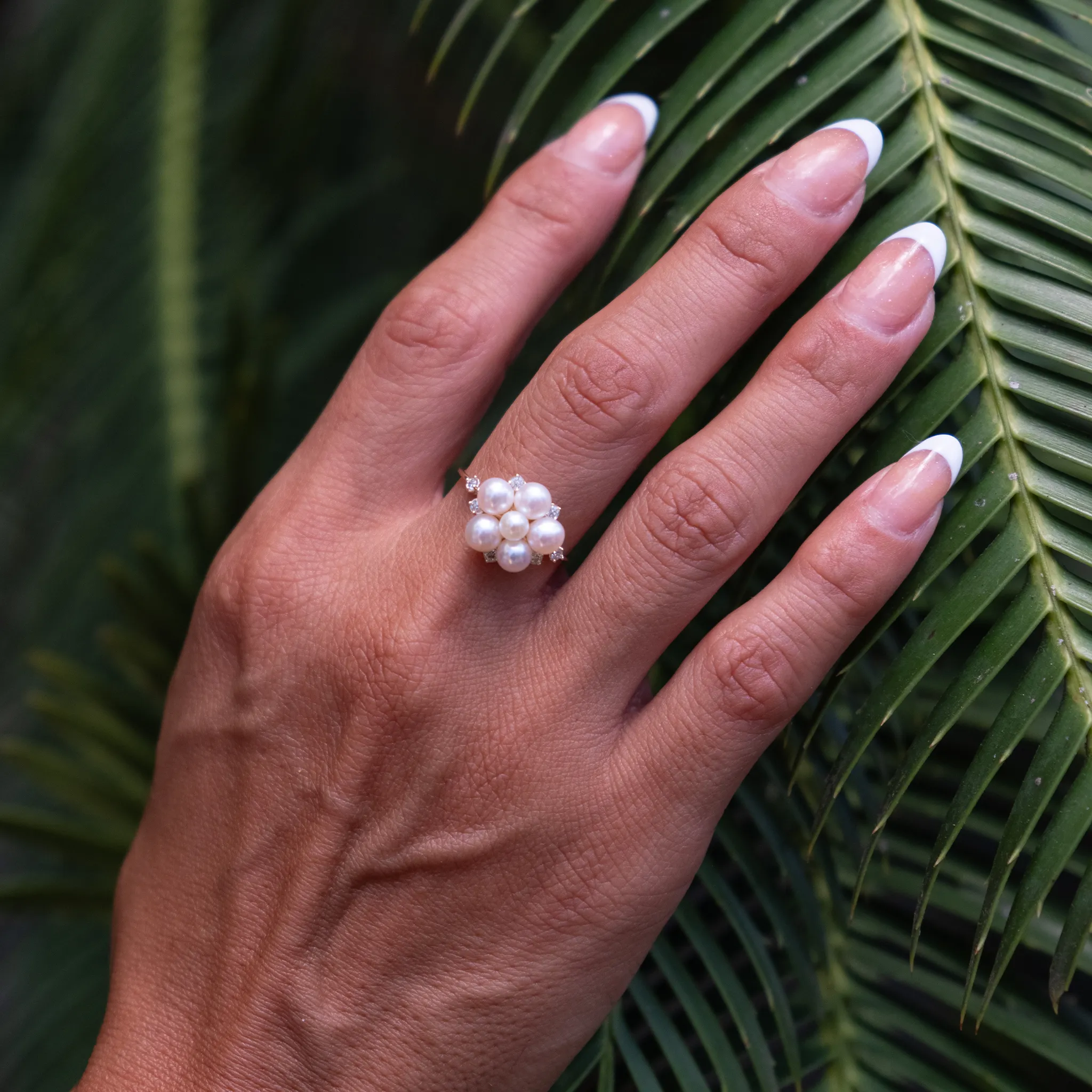 Tiny Bubbles Freshwater White Pearl Ring in Gold with Diamonds