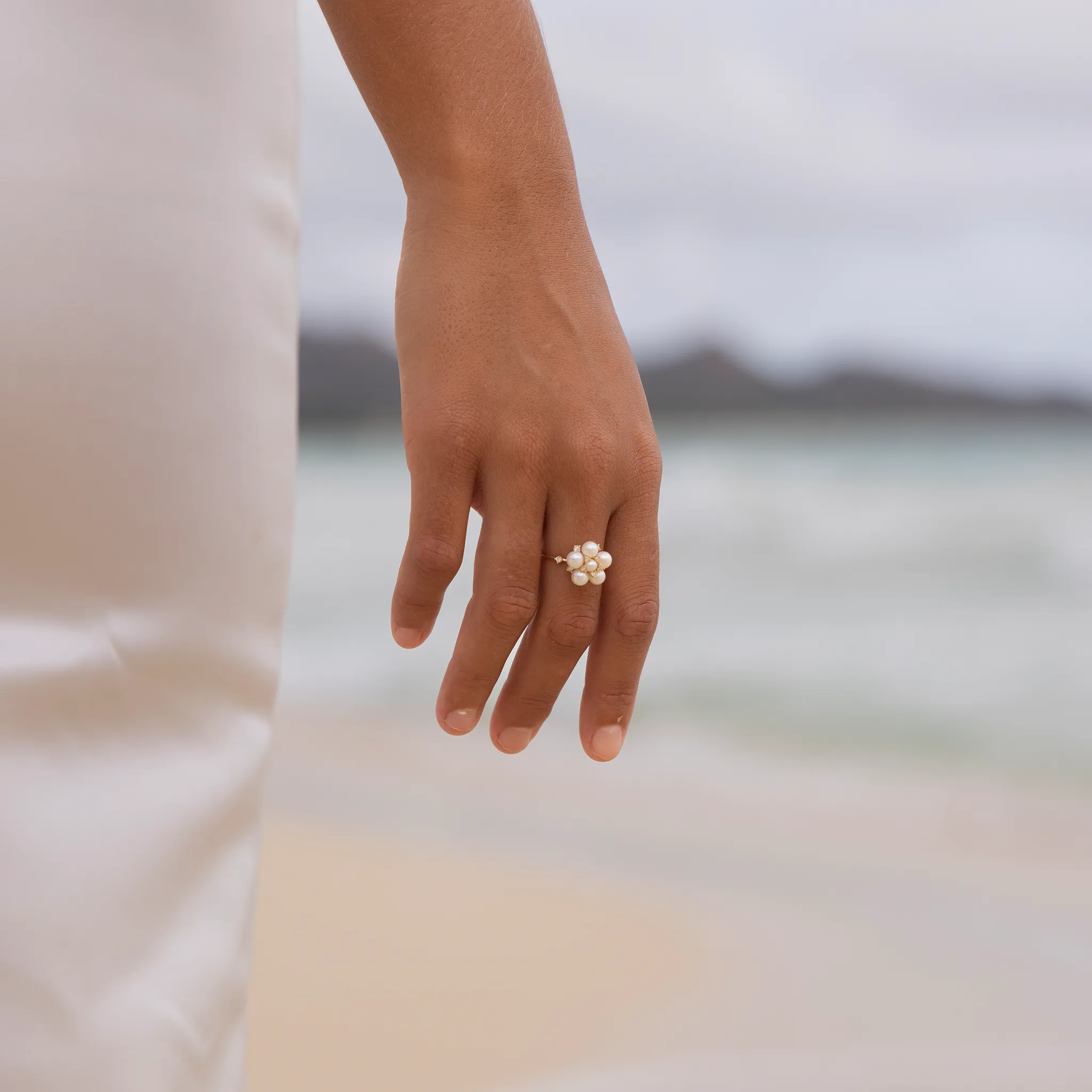 Tiny Bubbles Freshwater White Pearl Ring in Gold with Diamonds