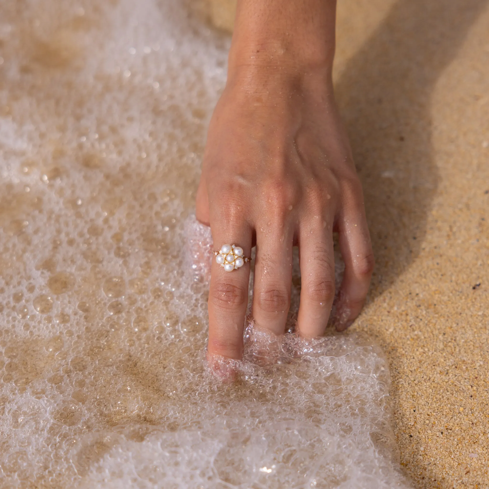 Tiny Bubbles Freshwater White Pearl Ring in Gold with Diamonds