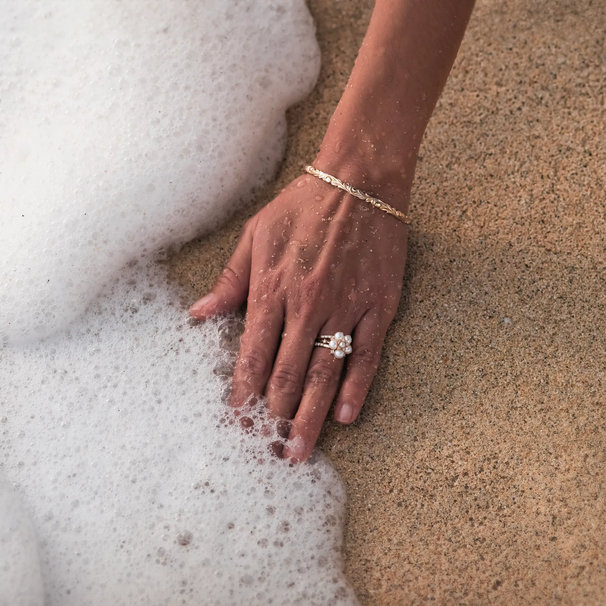 Tiny Bubbles Freshwater White Pearl Ring in Gold with Diamonds