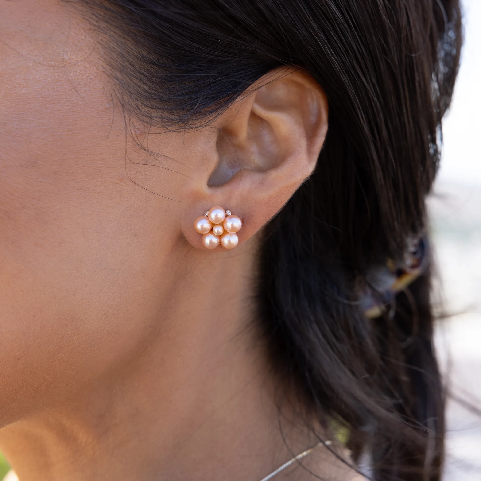 Tiny Bubbles Peach Freshwater Pearl Earrings in Gold with Diamonds