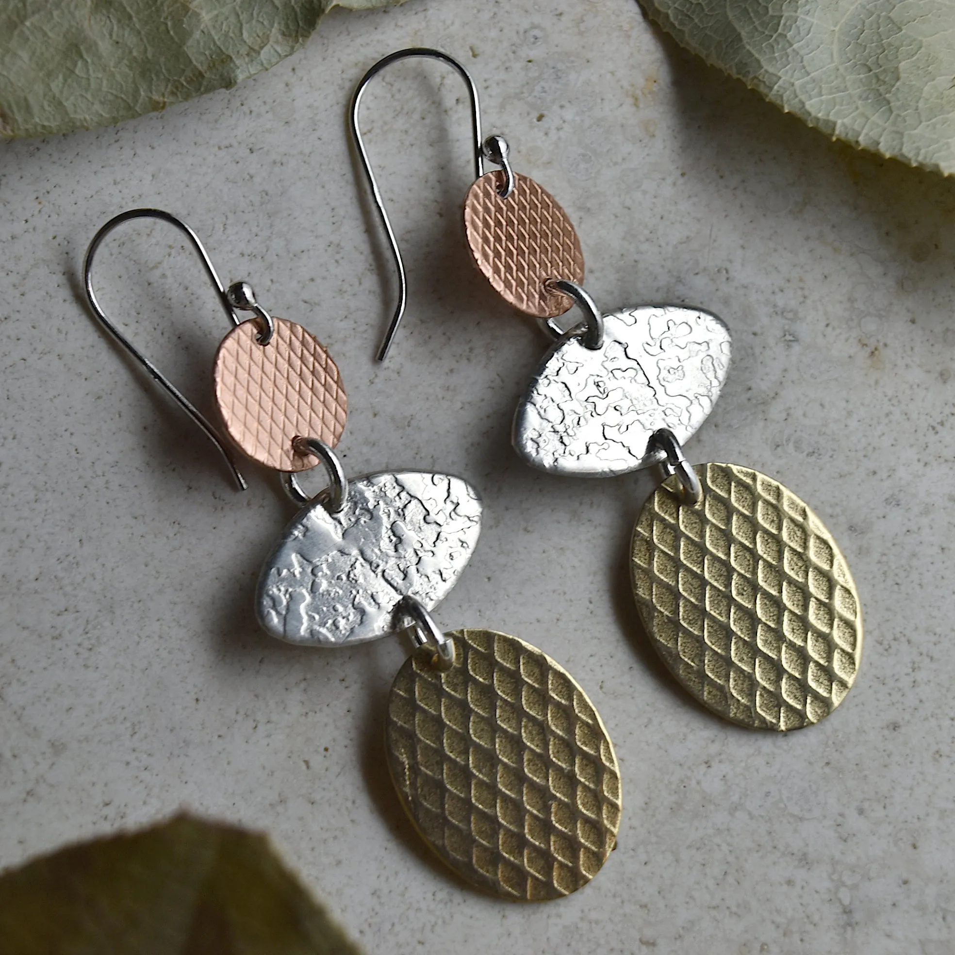 Triple Drop Earrings - Silver, Copper & Brass