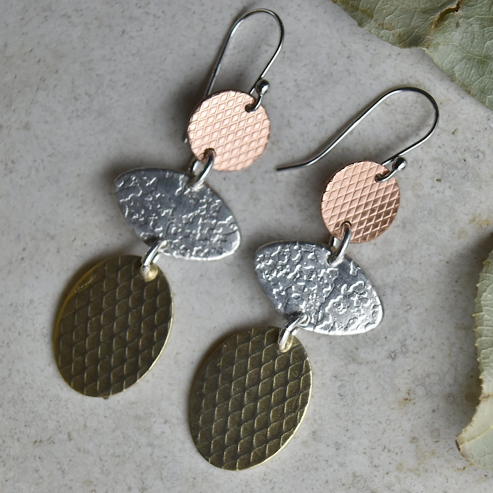 Triple Drop Earrings - Silver, Copper & Brass
