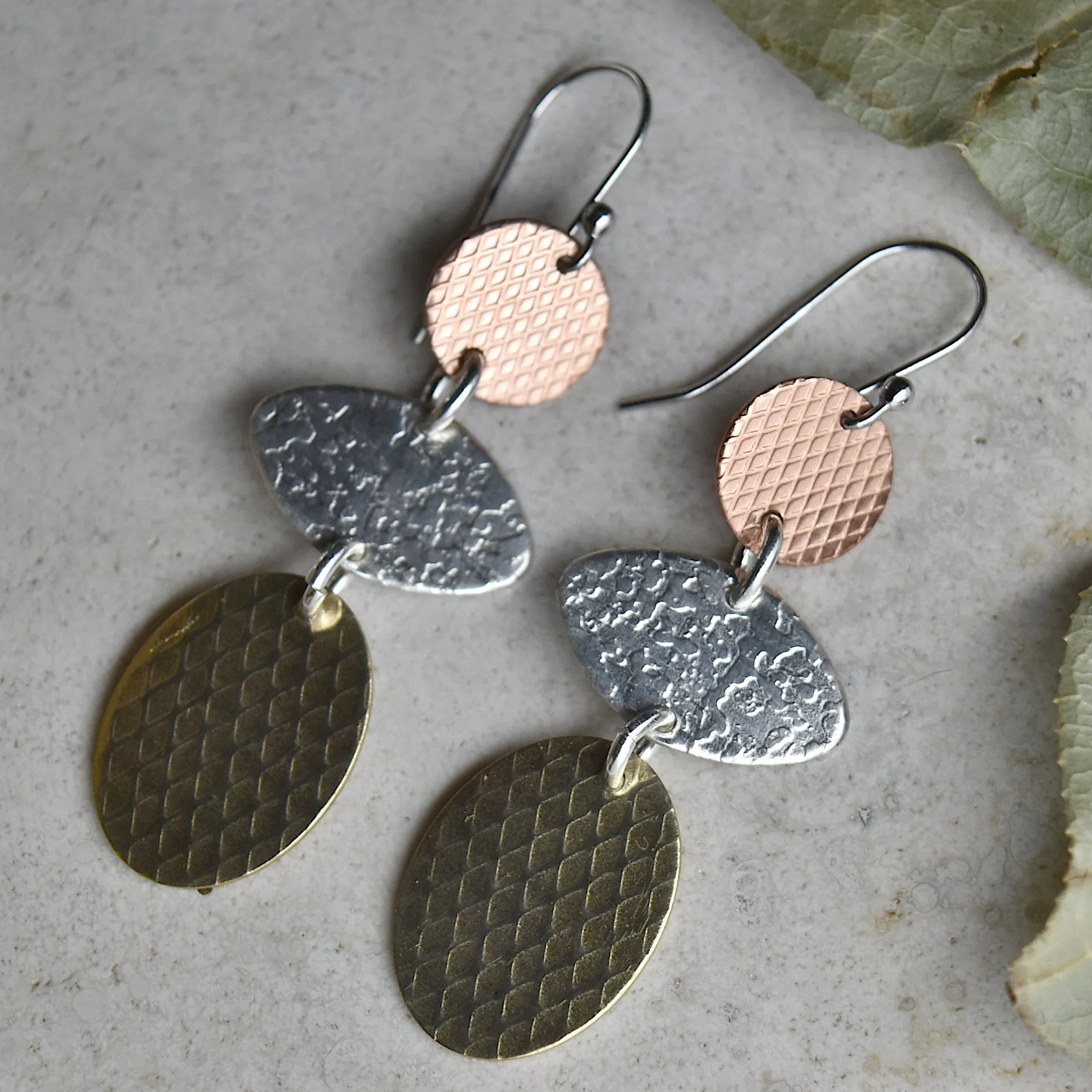 Triple Drop Earrings - Silver, Copper & Brass