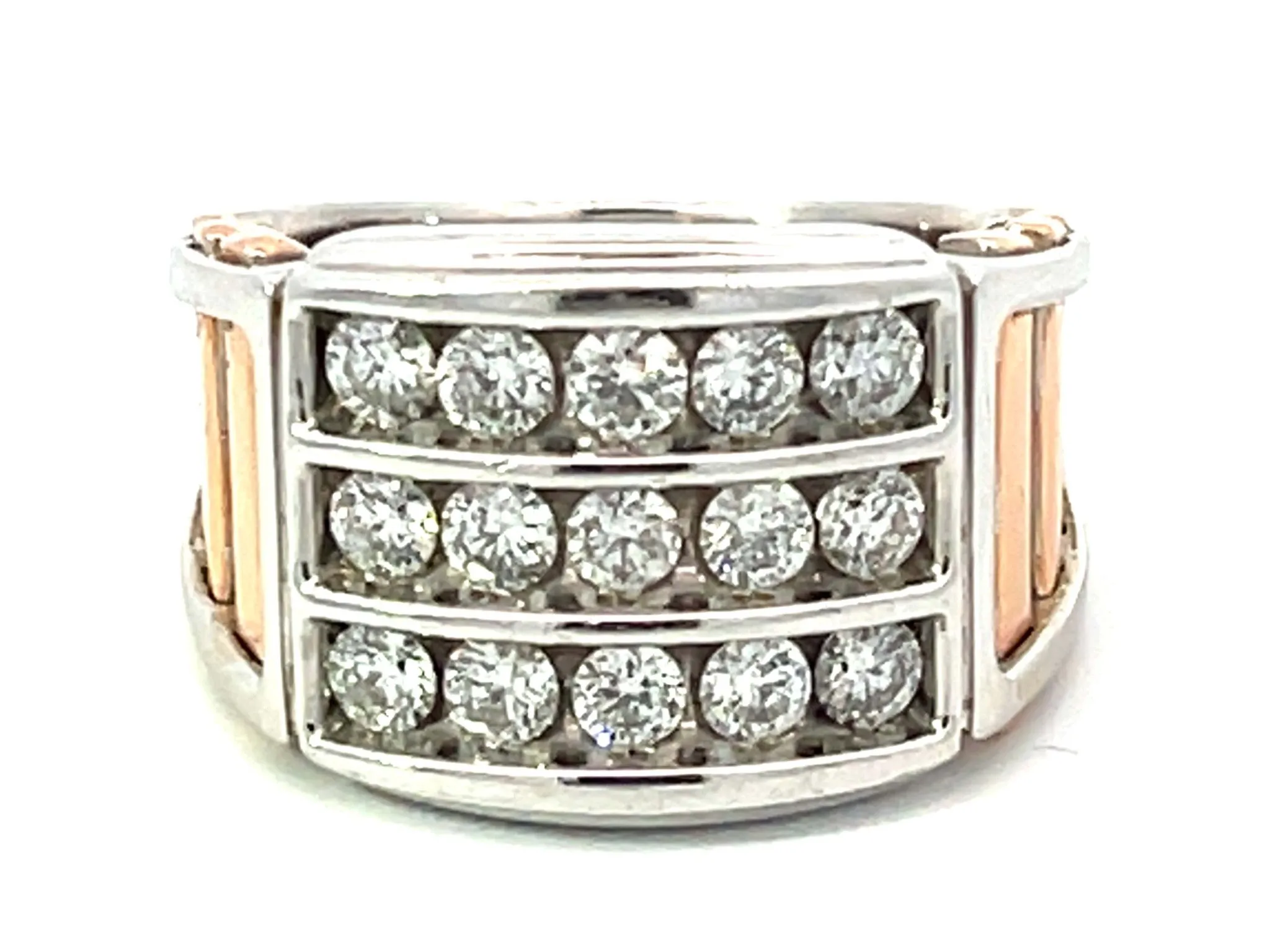Two Toned 3 Diamond Row Ring in 14k White and Rose Gold