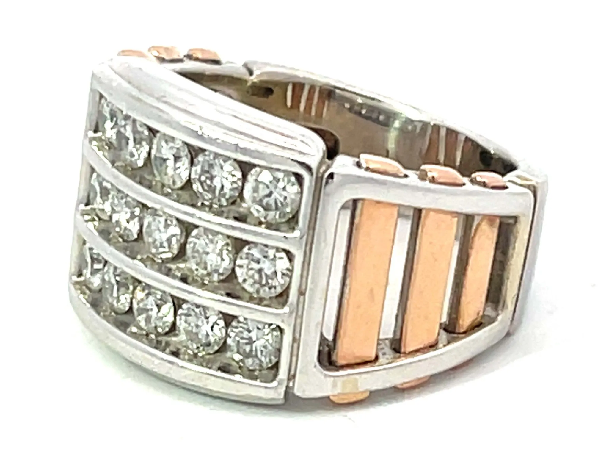 Two Toned 3 Diamond Row Ring in 14k White and Rose Gold