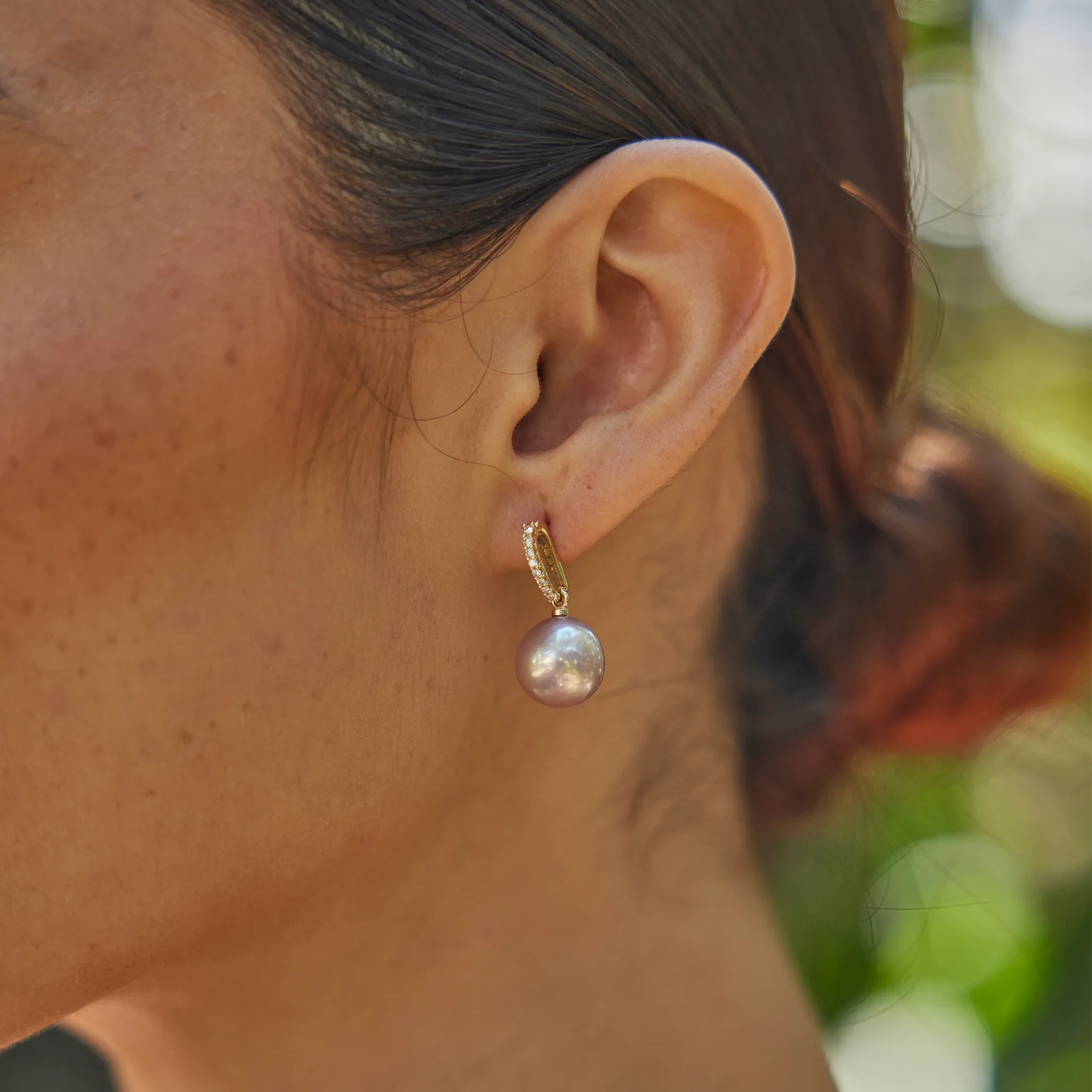 Ultraviolet Freshwater Pearl Earrings in Gold with Diamonds - 11-12mm