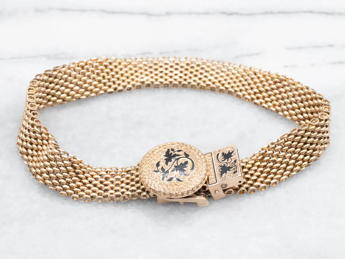 Victorian Gold and Black Enamel Adjustable Mesh Bracelet