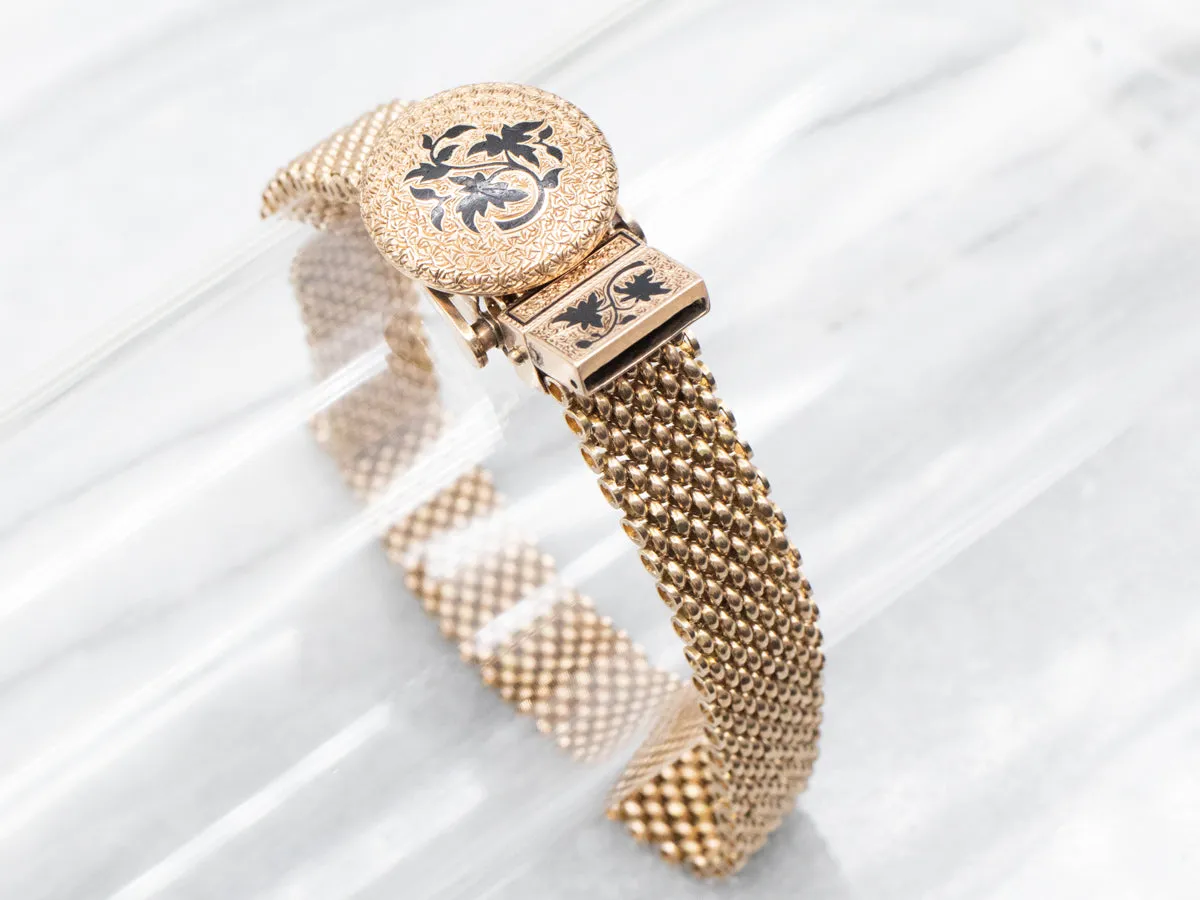Victorian Gold and Black Enamel Adjustable Mesh Bracelet
