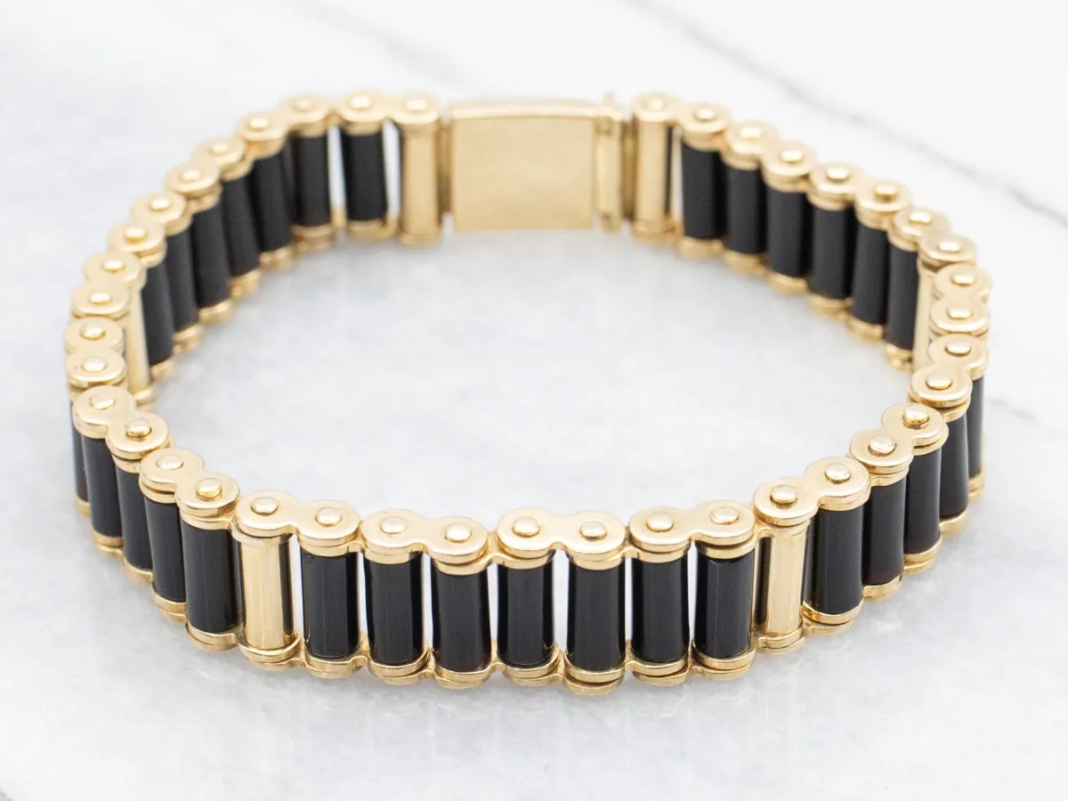 Vintage 18-Karat Gold and Black Onyx Cylinder Beaded Bracelet