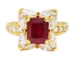 VINTAGE 3.49 CTW EMERALD CUT RUBY DIAMOND 18 KARAT YELLOW GOLD HALO CLUSTER RING GIA
