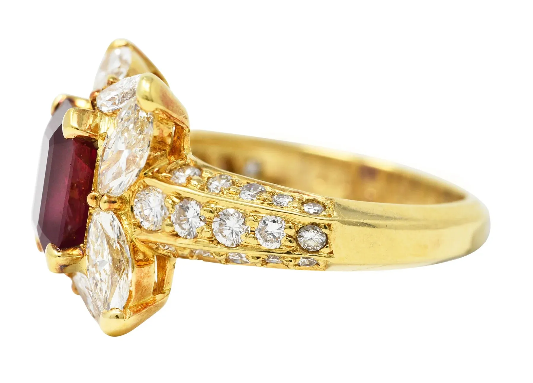 VINTAGE 3.49 CTW EMERALD CUT RUBY DIAMOND 18 KARAT YELLOW GOLD HALO CLUSTER RING GIA