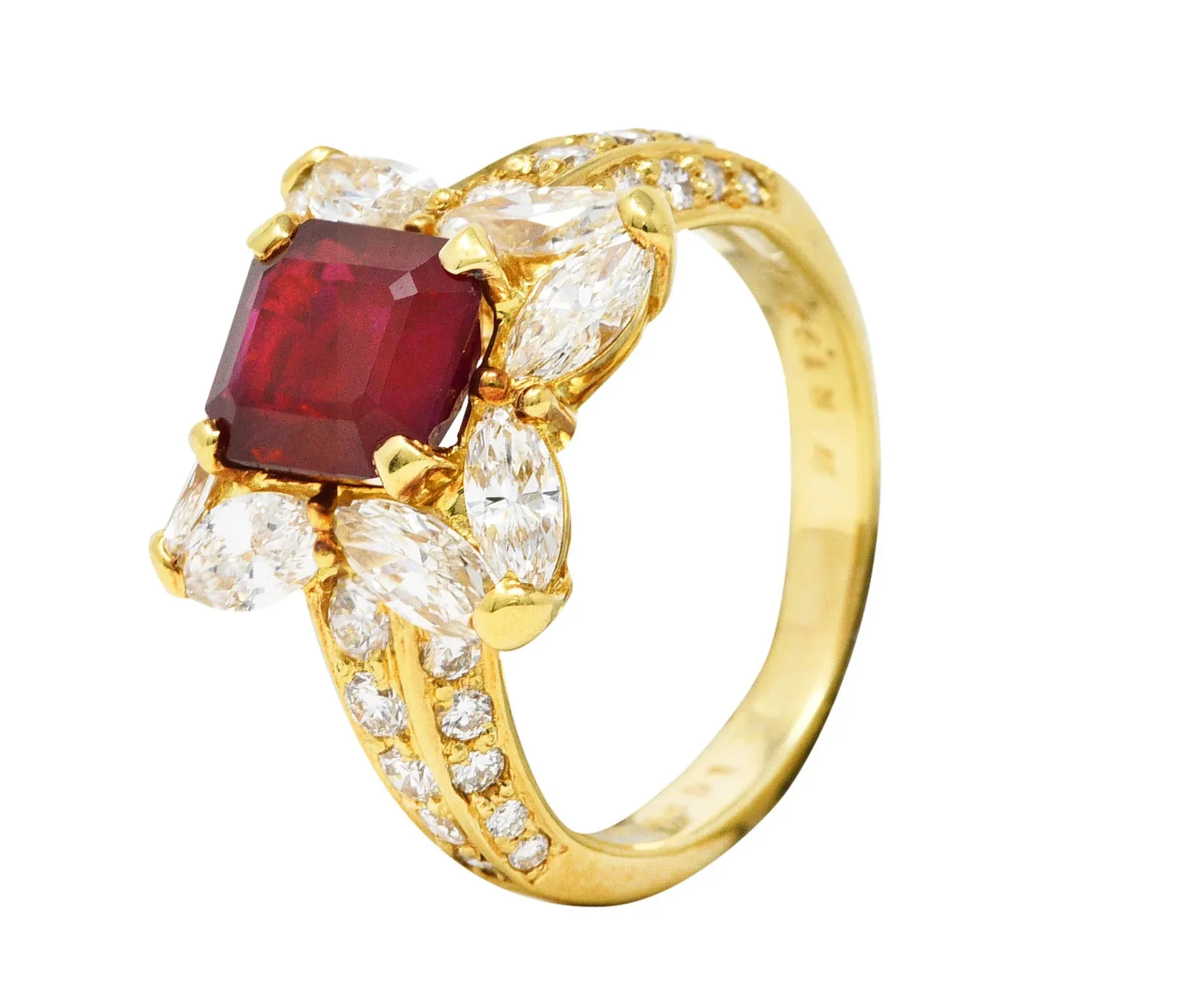 VINTAGE 3.49 CTW EMERALD CUT RUBY DIAMOND 18 KARAT YELLOW GOLD HALO CLUSTER RING GIA