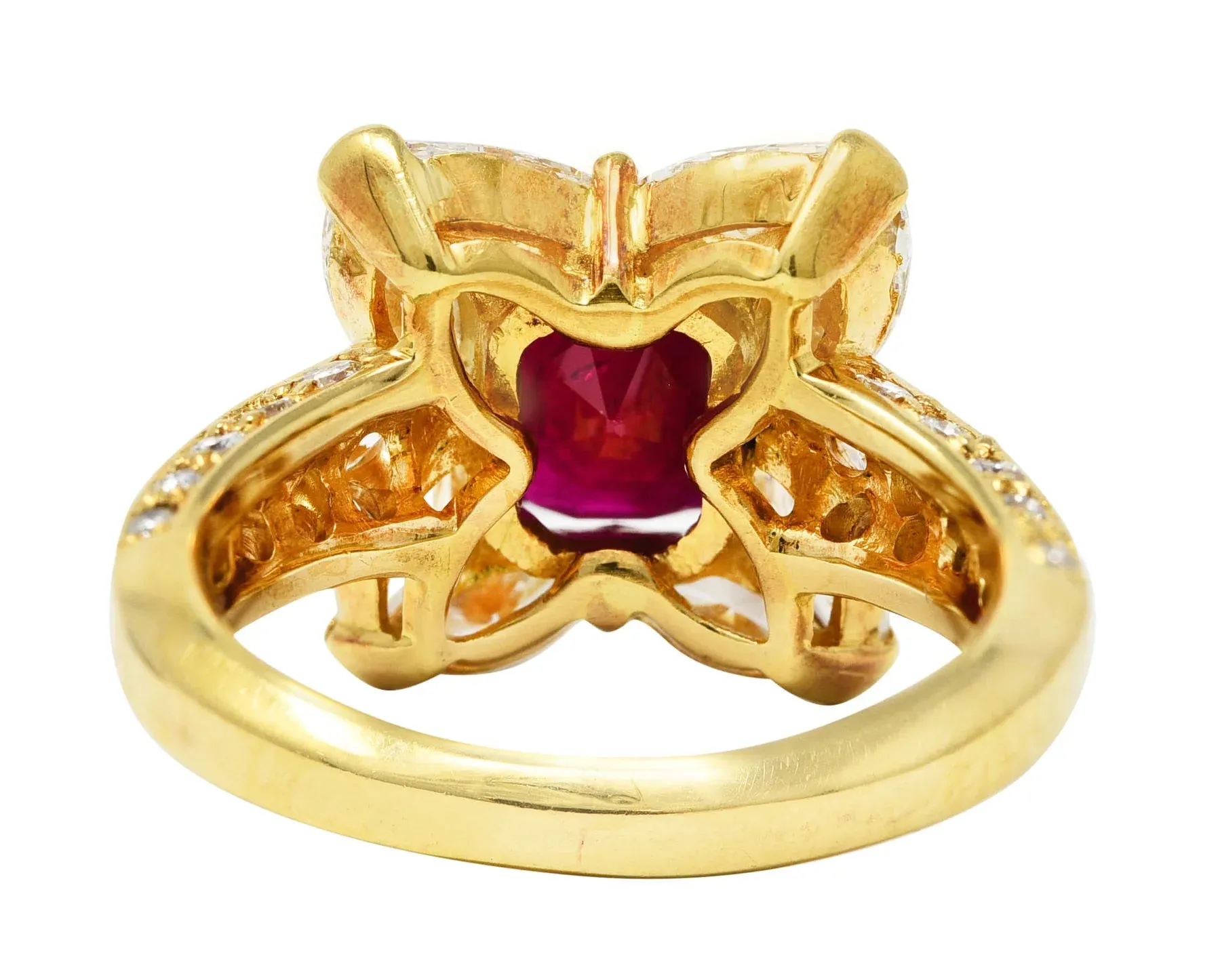 VINTAGE 3.49 CTW EMERALD CUT RUBY DIAMOND 18 KARAT YELLOW GOLD HALO CLUSTER RING GIA