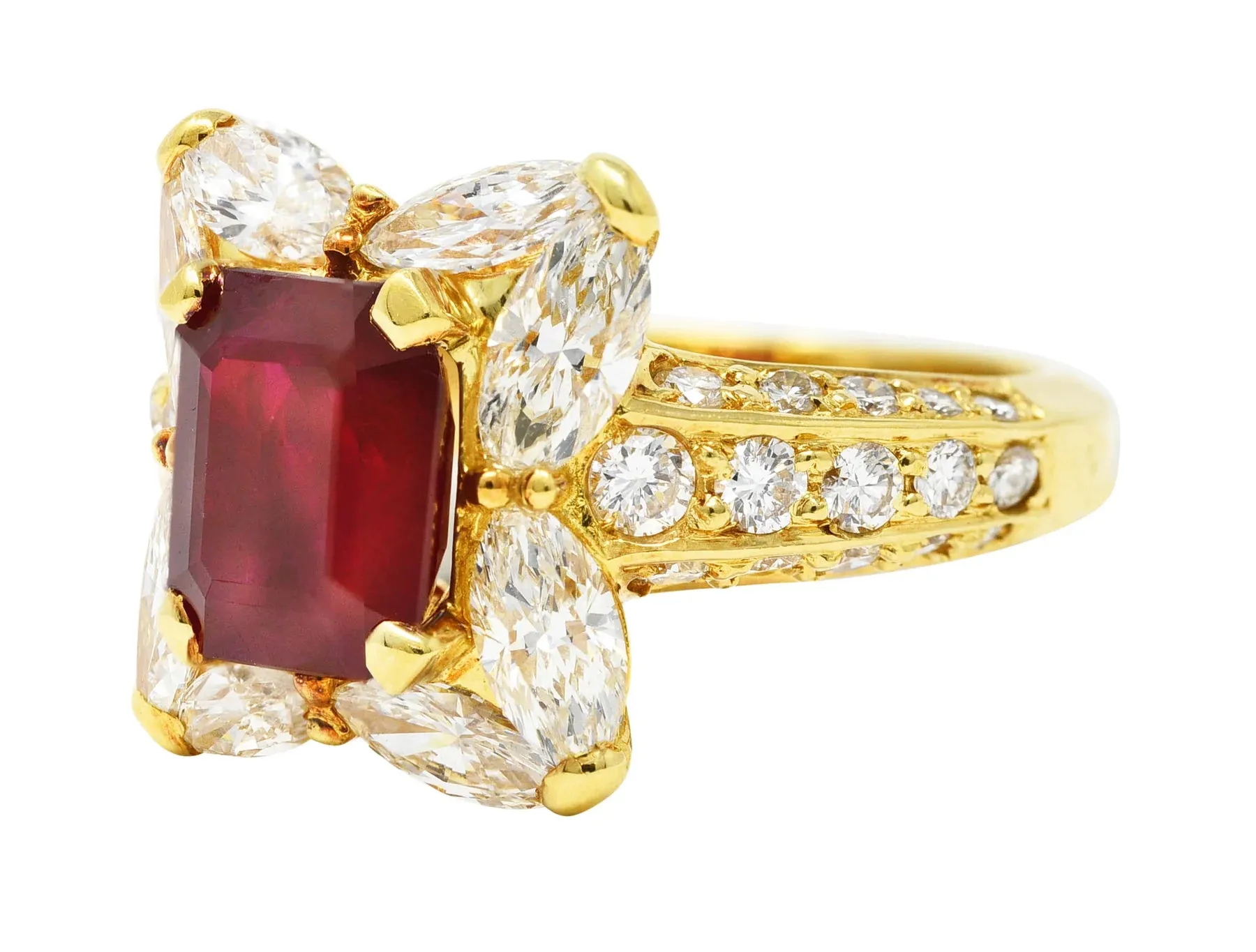 VINTAGE 3.49 CTW EMERALD CUT RUBY DIAMOND 18 KARAT YELLOW GOLD HALO CLUSTER RING GIA