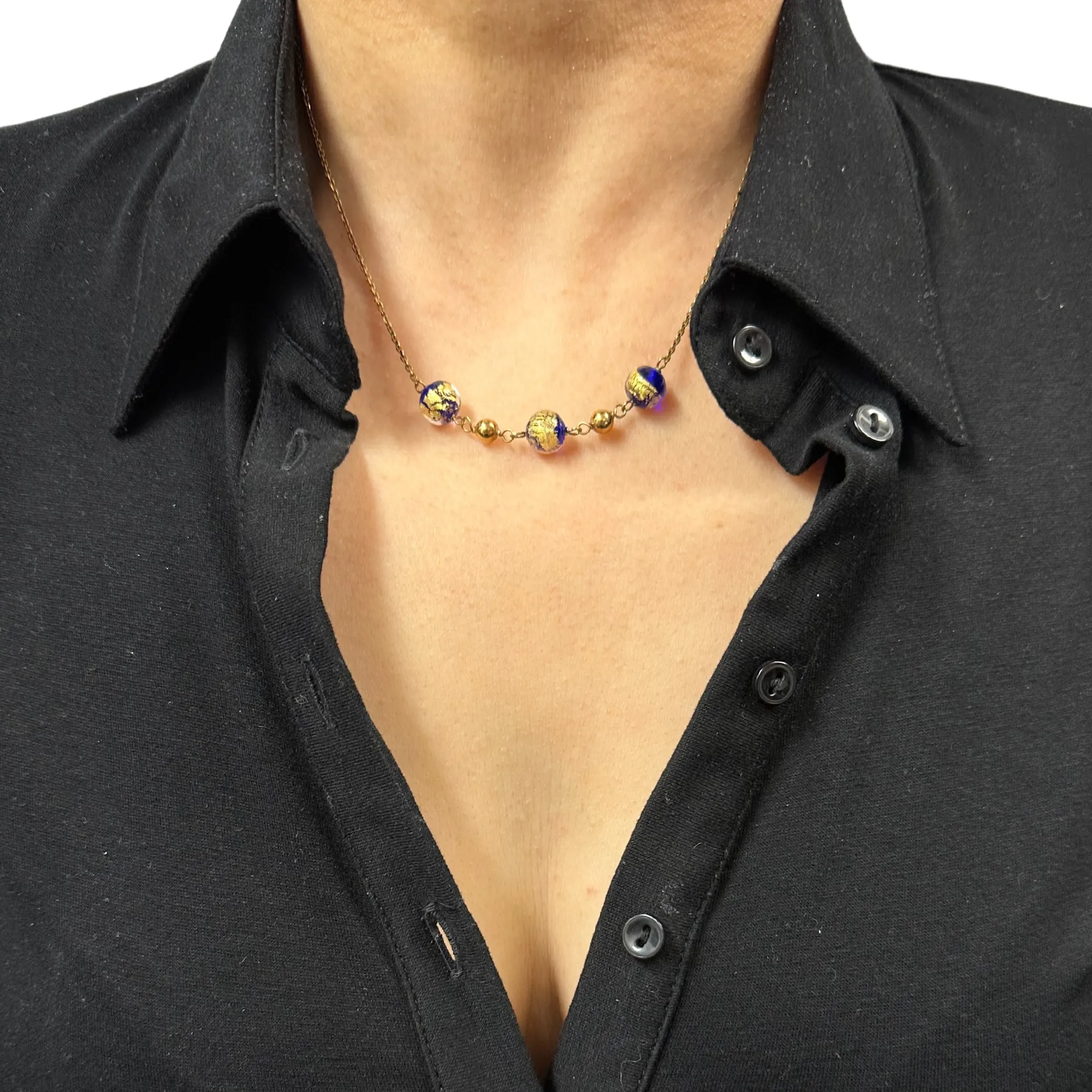 Vintage French 18K Yellow Gold Venetian Glass Necklace