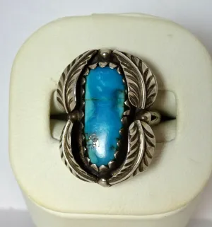 Vintage Old Pawn Native American Sterling Silver Turquoise Feather  Ring Size 5