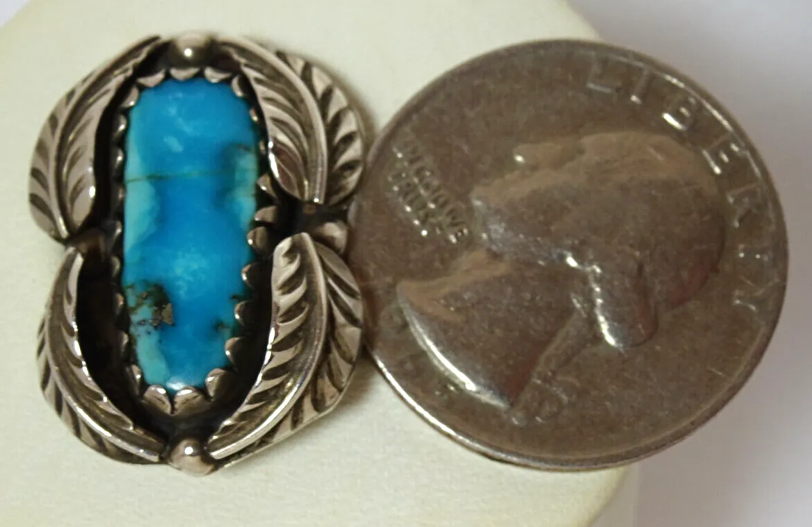 Vintage Old Pawn Native American Sterling Silver Turquoise Feather  Ring Size 5
