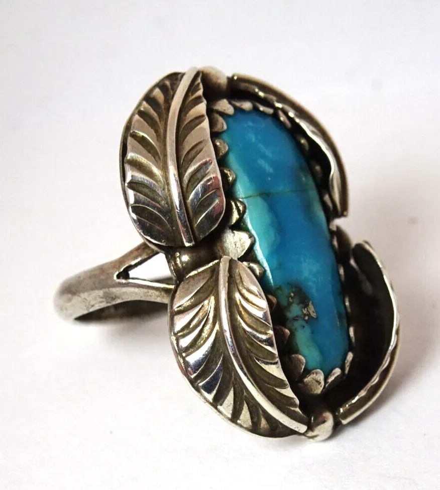Vintage Old Pawn Native American Sterling Silver Turquoise Feather  Ring Size 5