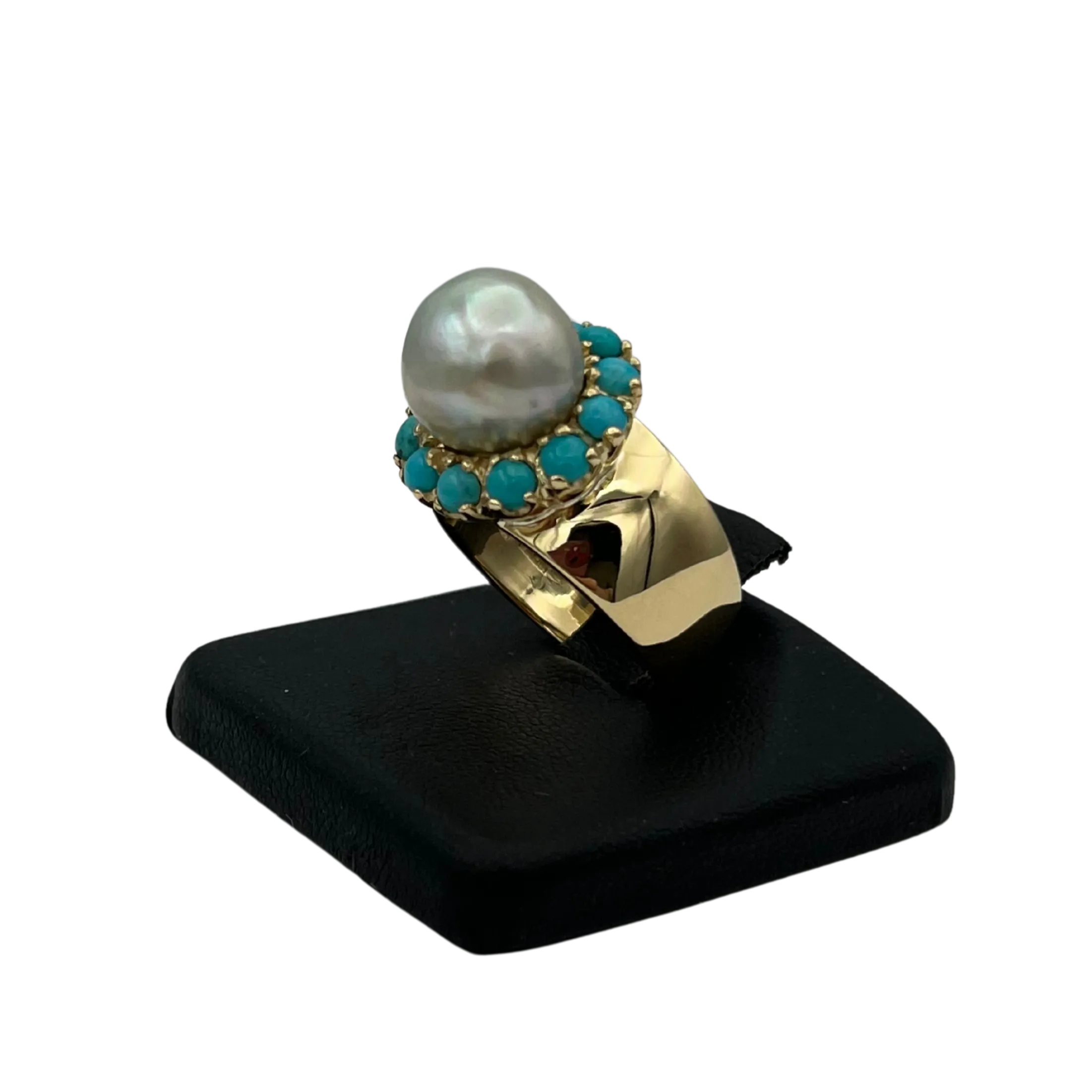 Vintage "Vack" Baroque Pearl and Turquoise Ring in 18k yellow gold