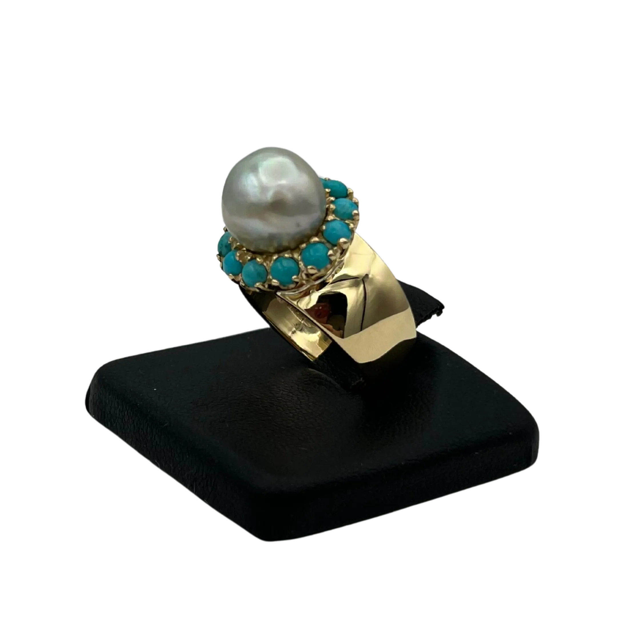Vintage "Vack" Baroque Pearl and Turquoise Ring in 18k yellow gold