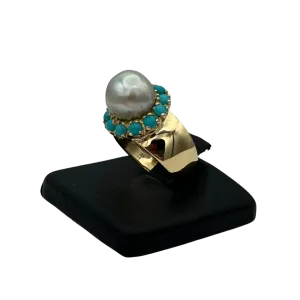 Vintage "Vack" Baroque Pearl and Turquoise Ring in 18k yellow gold