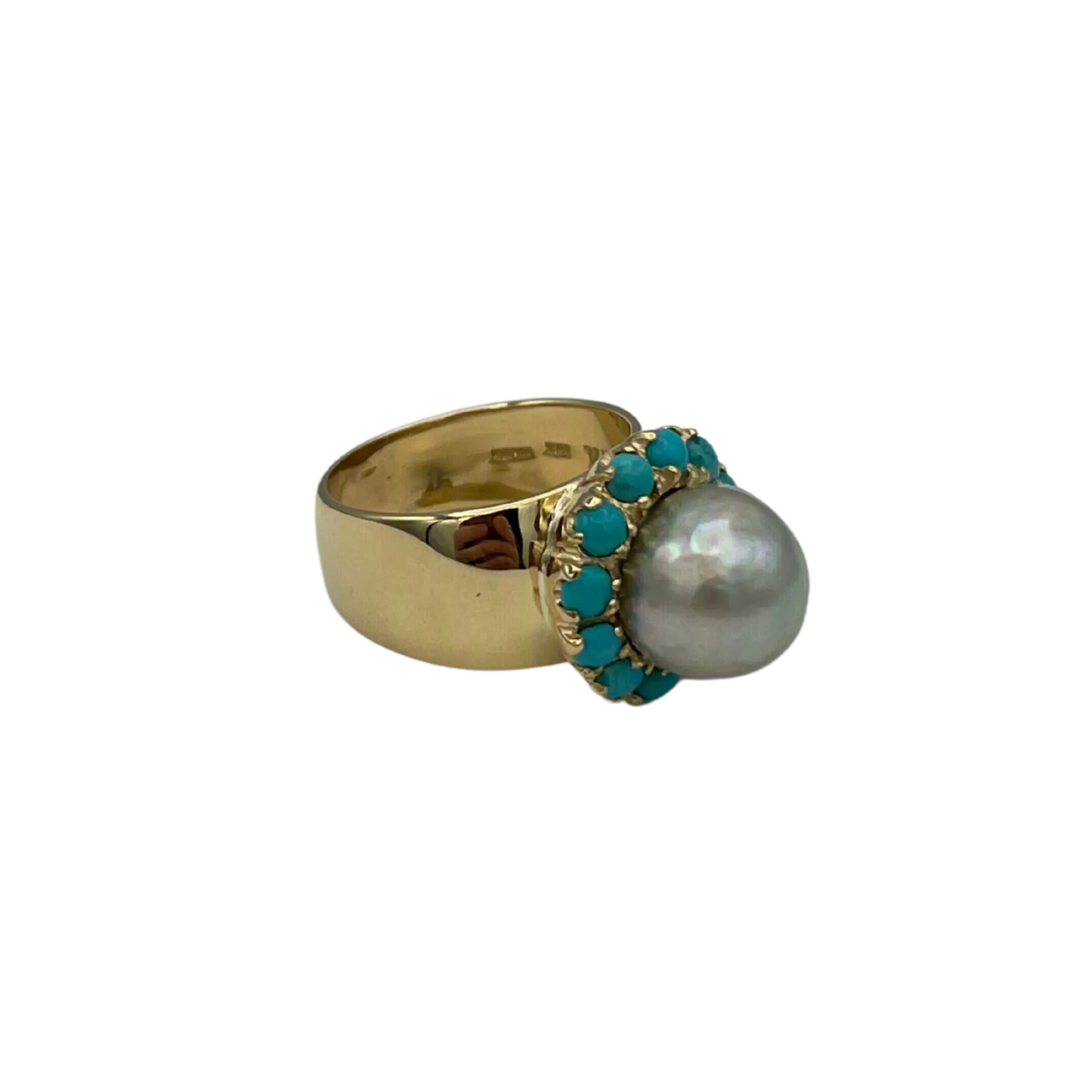 Vintage "Vack" Baroque Pearl and Turquoise Ring in 18k yellow gold