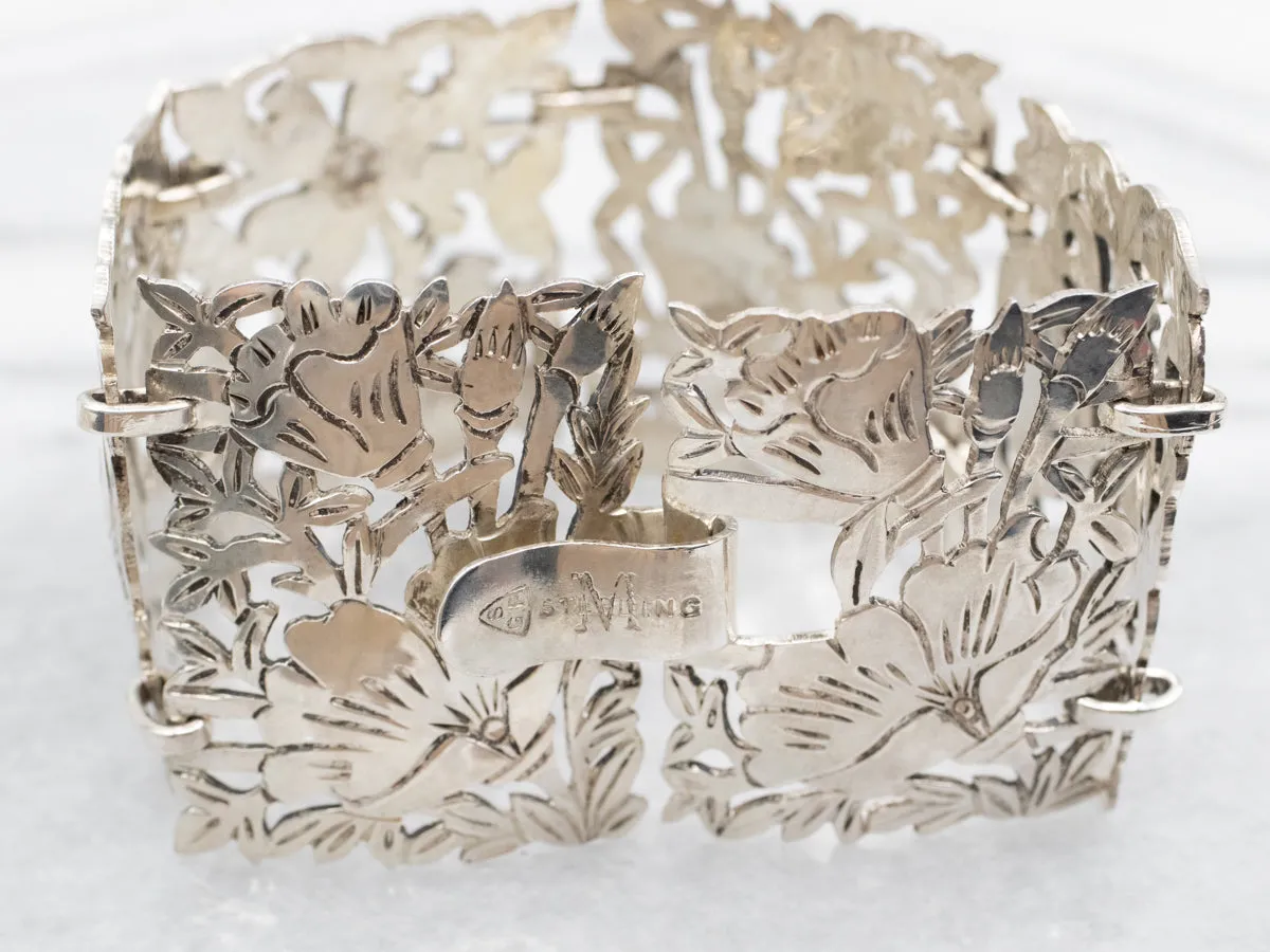 Vintage Sterling Silver Floral Engraved Panel-Link Bracelet