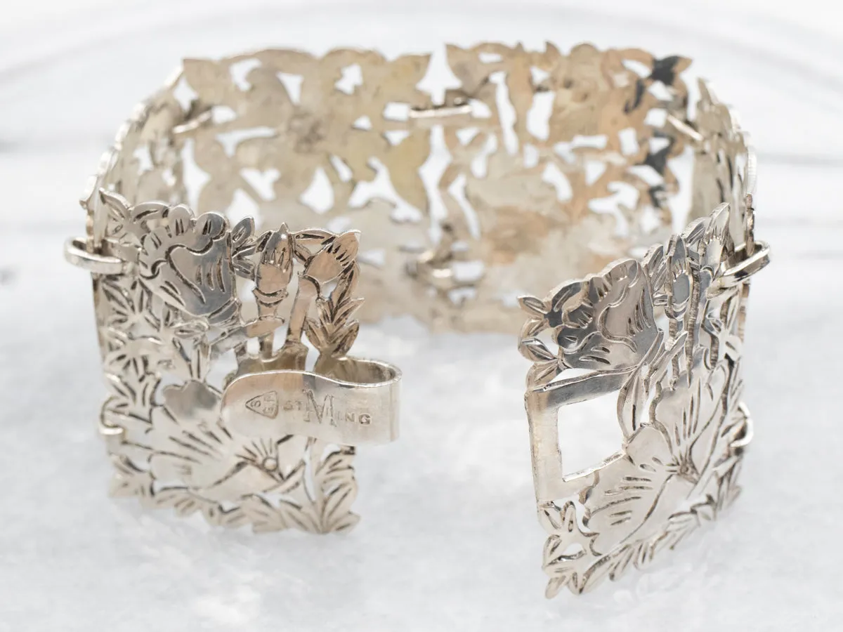 Vintage Sterling Silver Floral Engraved Panel-Link Bracelet