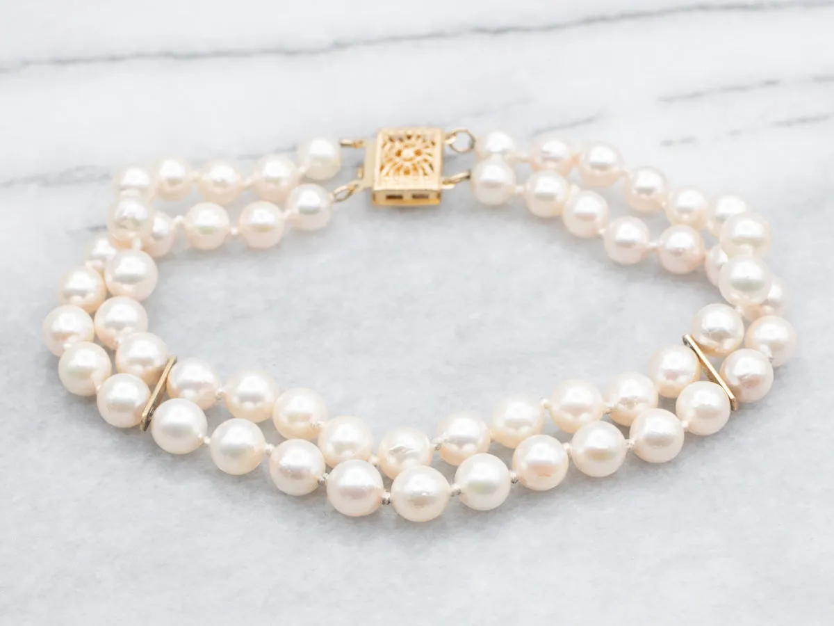 Yellow Gold Pearl Double Strand Bracelet