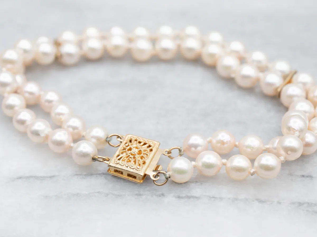 Yellow Gold Pearl Double Strand Bracelet