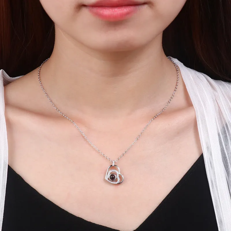 Zirconia Heart Pendant Projection Necklace with Picture inside