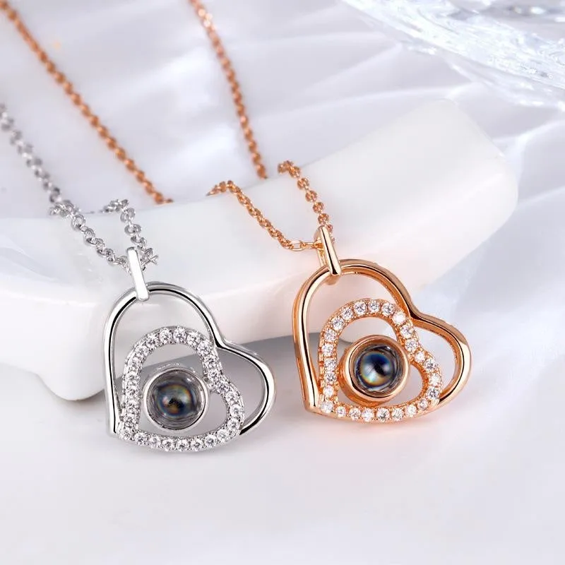 Zirconia Heart Pendant Projection Necklace with Picture inside