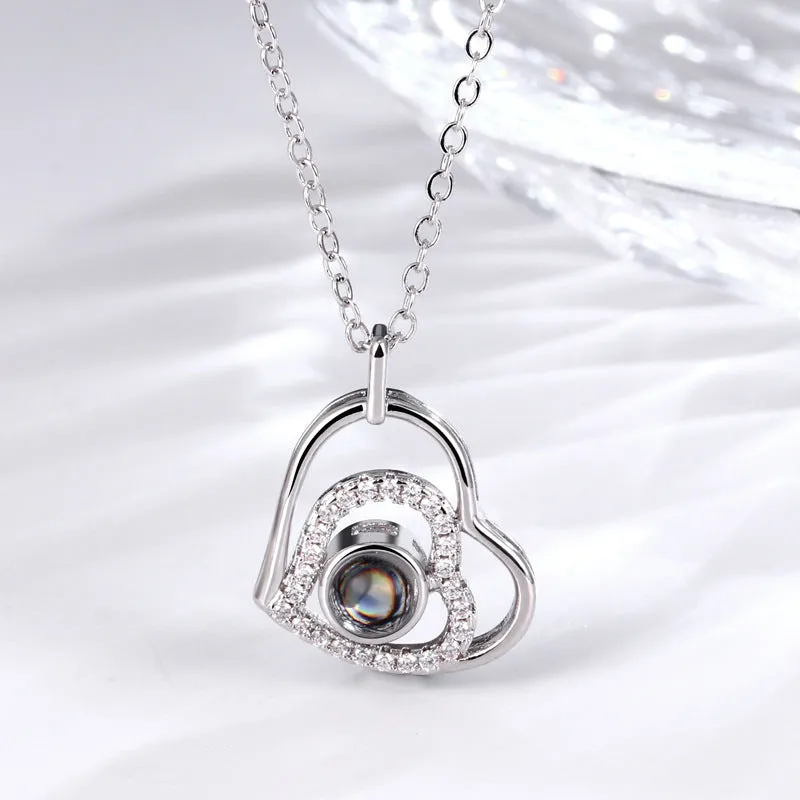 Zirconia Heart Pendant Projection Necklace with Picture inside