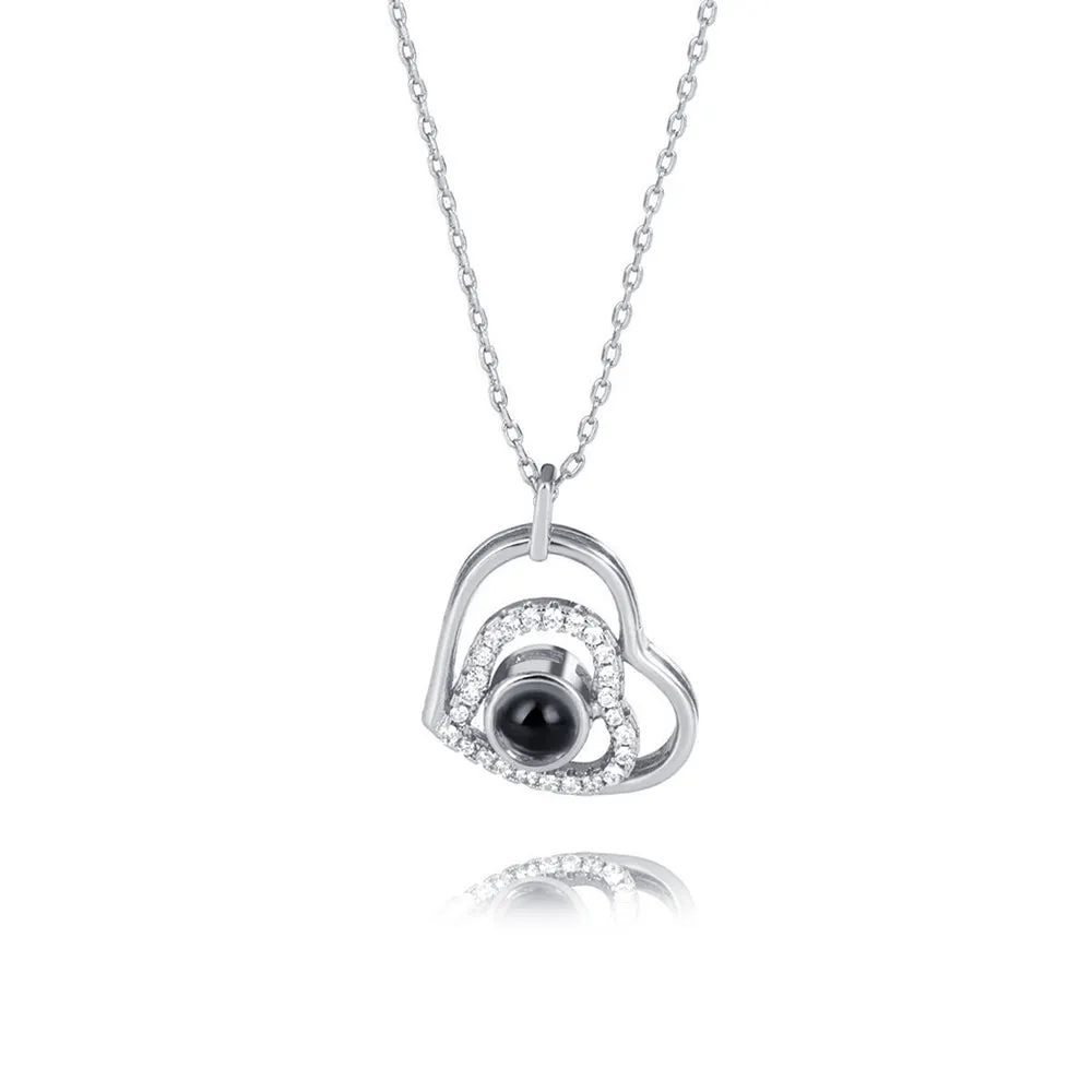 Zirconia Heart Pendant Projection Necklace with Picture inside